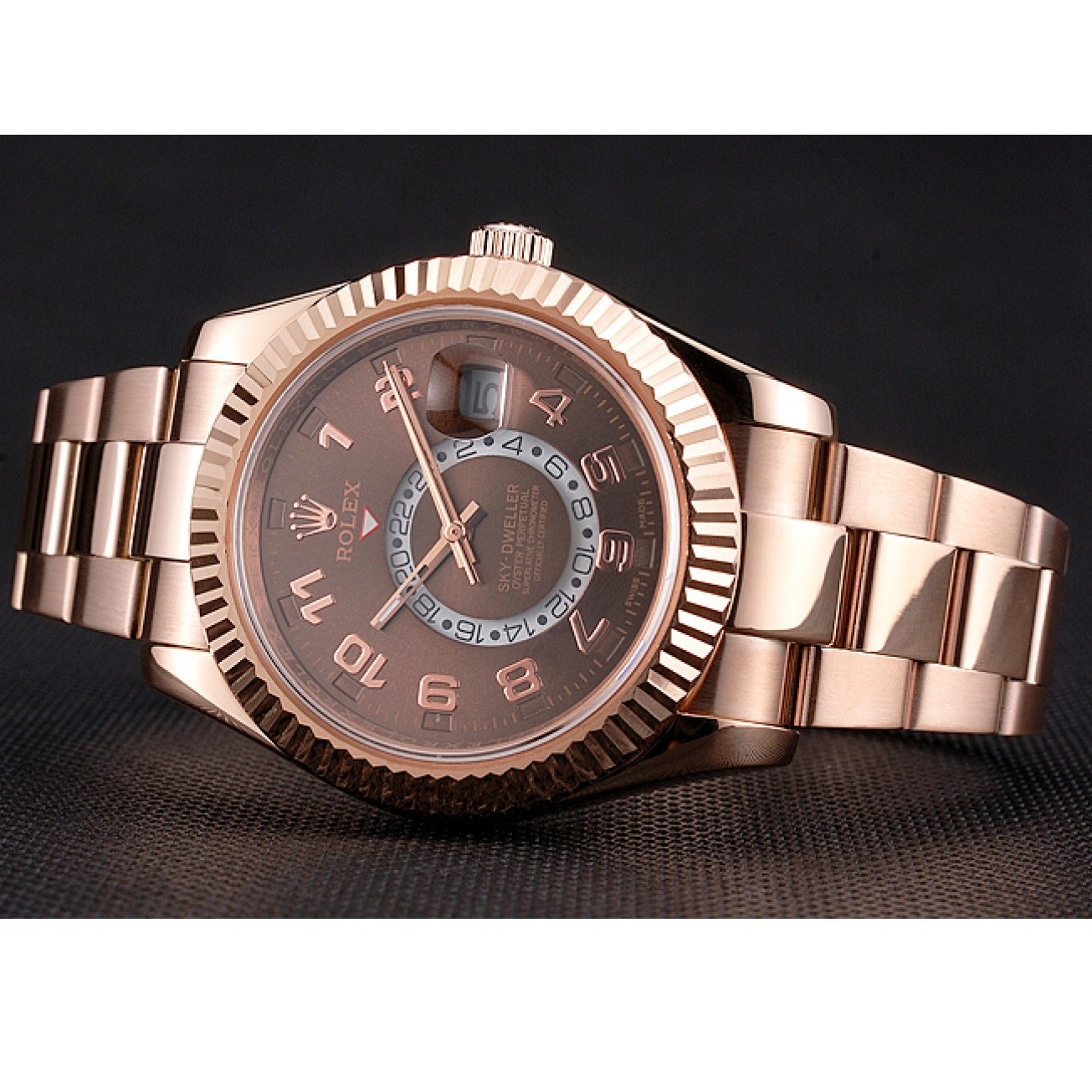 Aaa replica Gold Ad Brown Dweller Rolex Sky Bracelet Case Dial Rose 0713